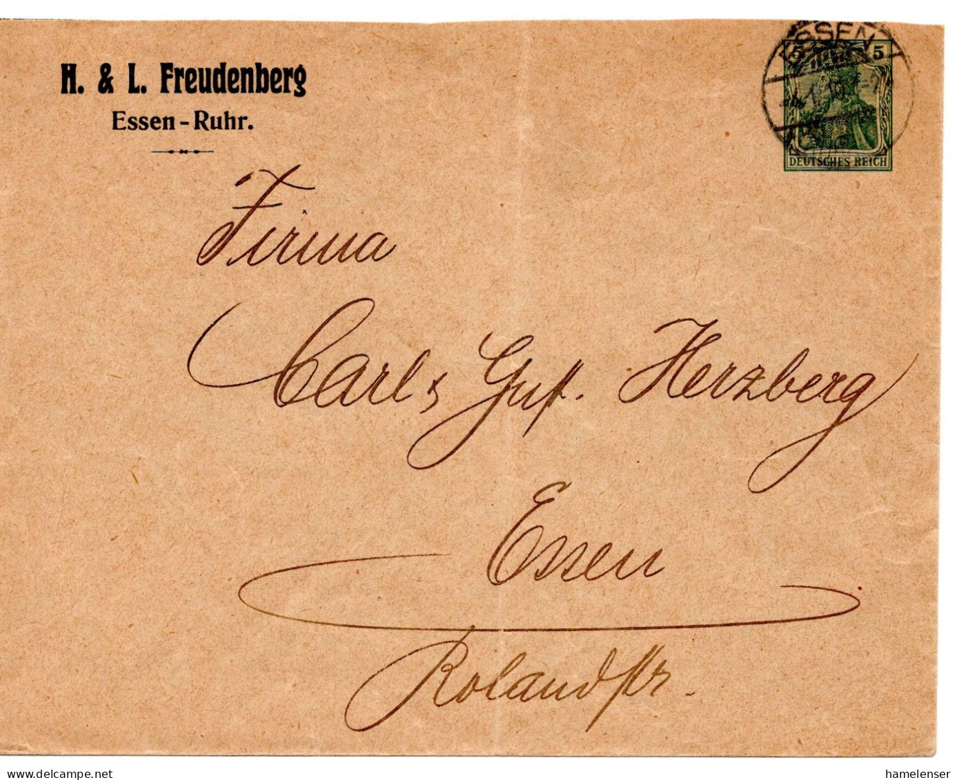 63701 - Deutsches Reich - 1910 - 5Pfg Germania PGAU (senkr Bug) "H.&L.Freudenberg" Als OrtsBf ESSEN - Covers