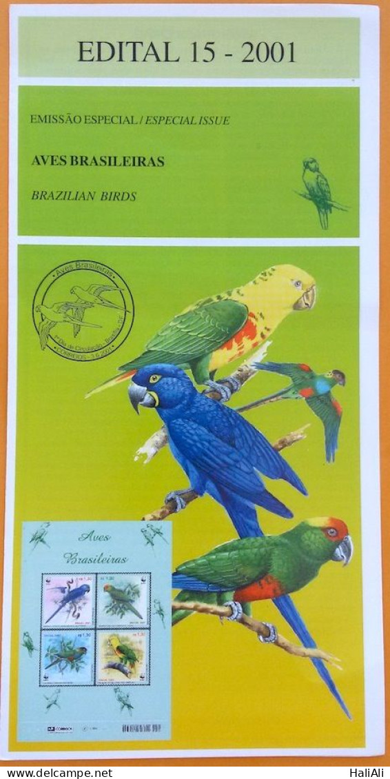 Brochure Brazil Edital 2001 15 Brazilian Birds Parrot Without Stamp - Storia Postale