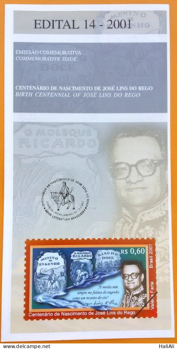 Brochure Brazil Edital 2001 14 Jose Lins Do Rego Without Stamp - Storia Postale