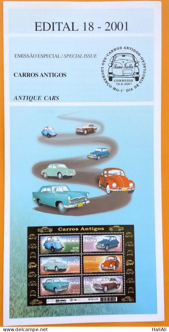 Brochure Brazil Edital 2001 18 Vintage Cars Without Stamp - Storia Postale