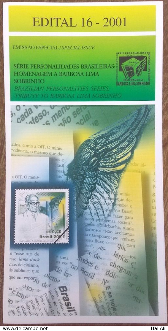 Brochure Brazil Edital 2001 16 Brazilian Personalities Barbosa Lima Sobrinho Without Stamp - Covers & Documents