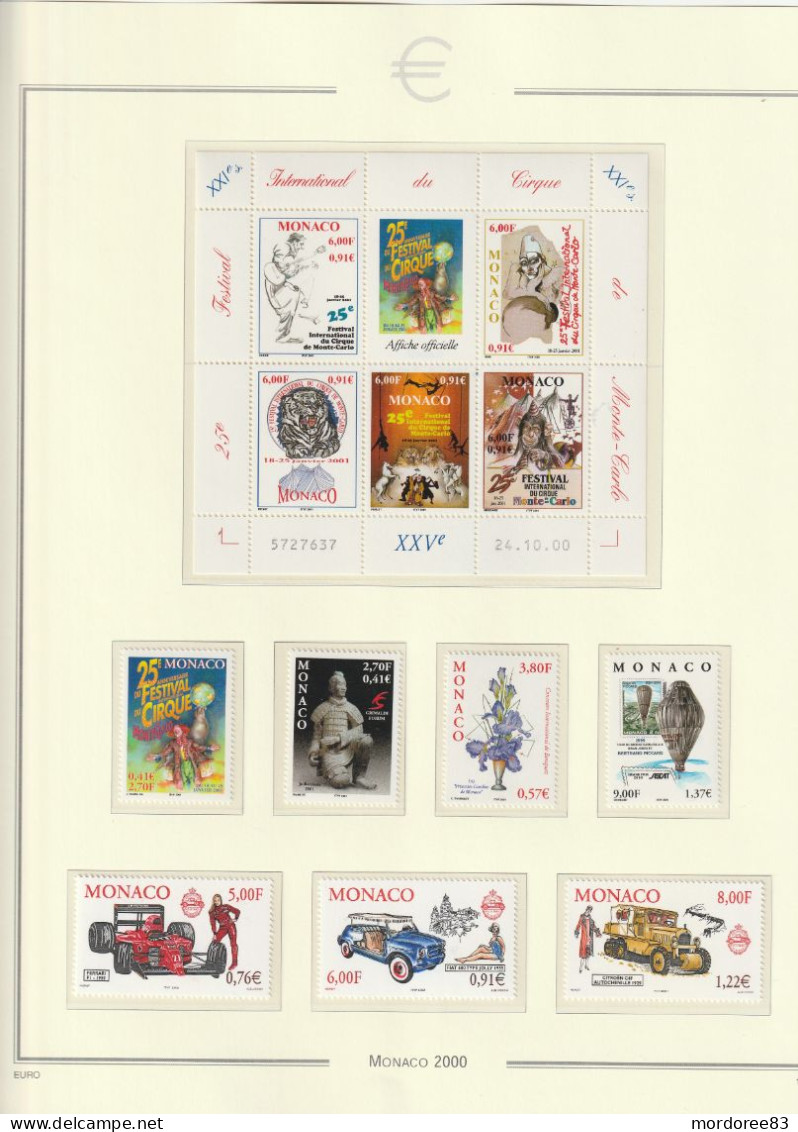 MONACO ANNEE 1999 - 2000 + 2001 LOT DE TIMBRES STAMPS NEUF** MNH FACIALE FACE VALUE 112.30 EURO A 40%