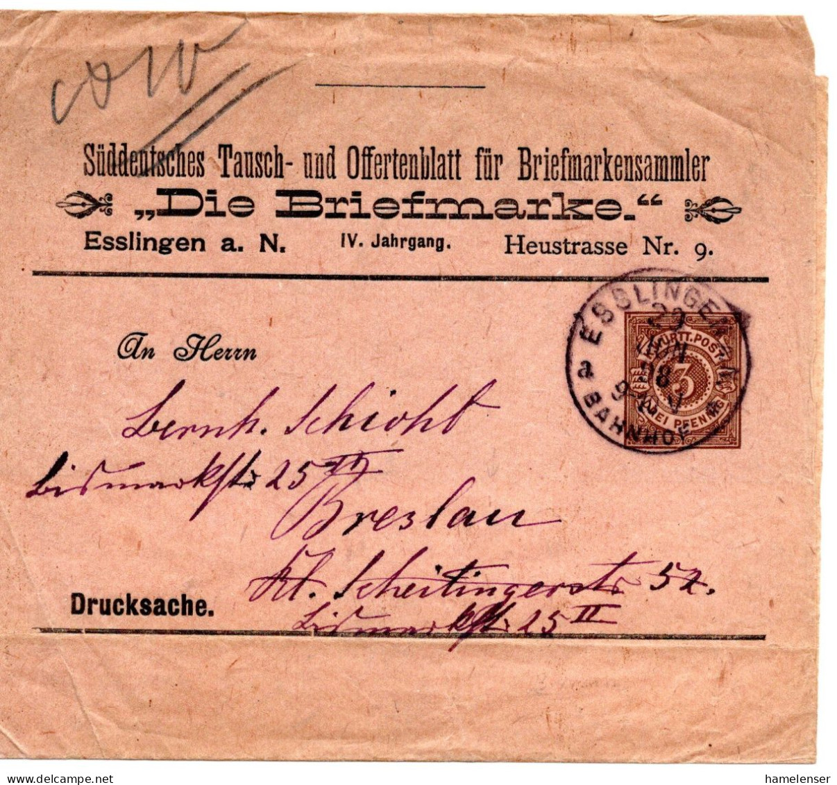 63708 - Altdeutschland / Wuerttemberg - 1910 - 3Pfg PGAStreifb "Die Briefmarke" ESSLINGEN -> Breslau - Enteros Postales