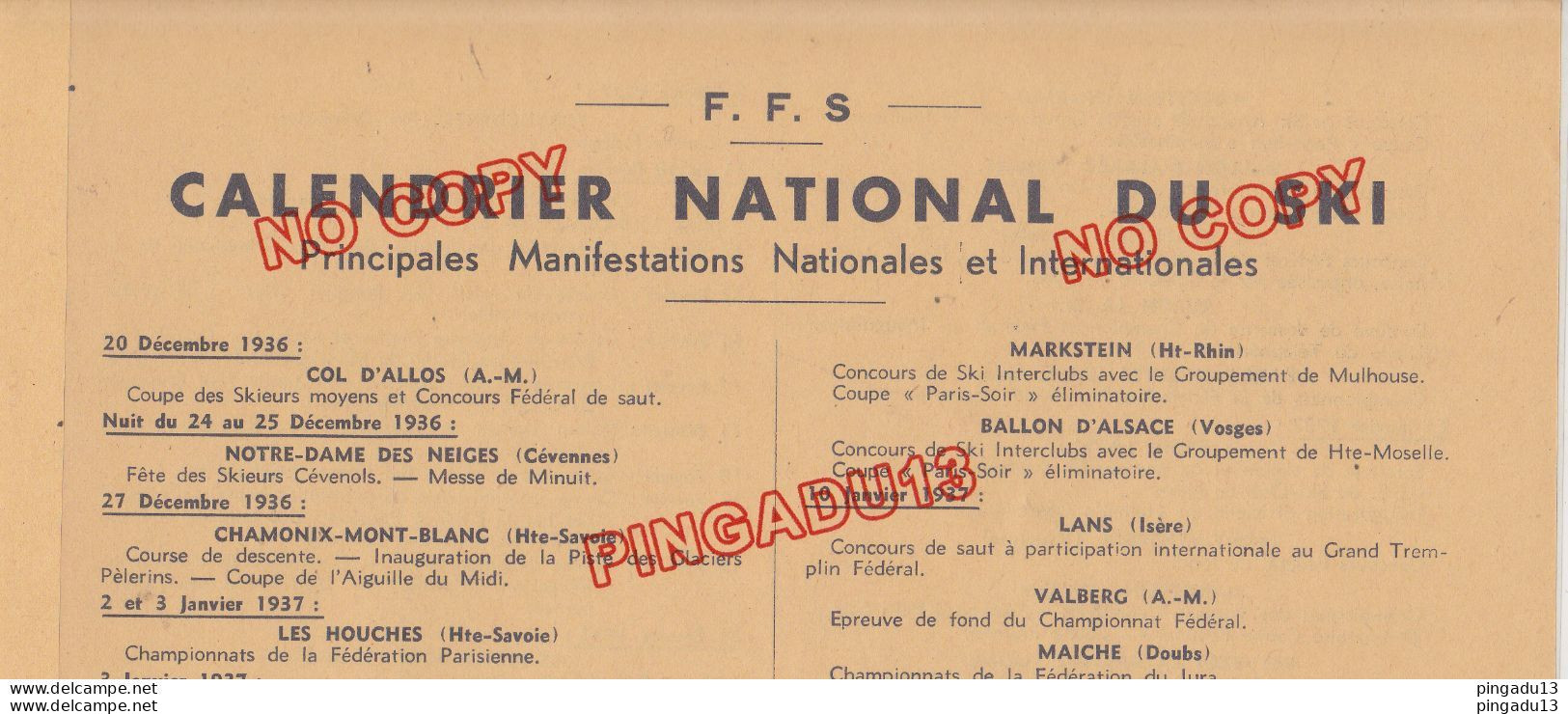 Fixe Ski Neige Programme 1936-37 FFS Chamonix Mont-Blanc Barcelonnette Formiguères ... - Programmes