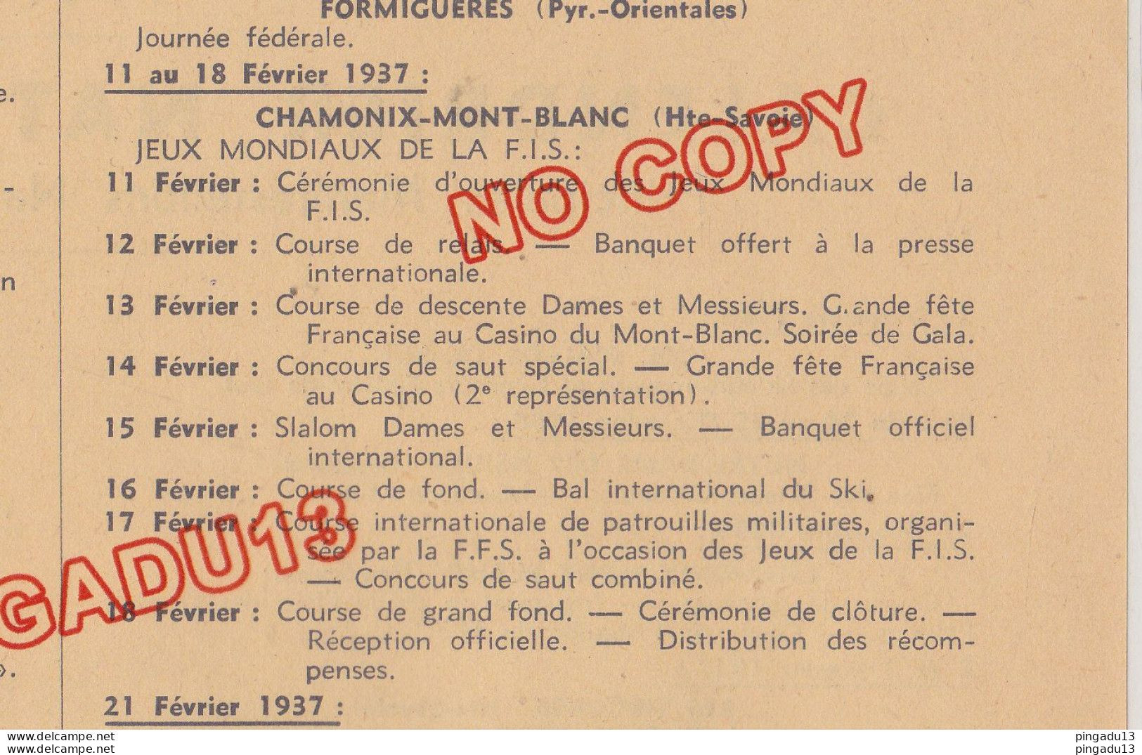 Fixe Ski Neige Programme 1936-37 FFS Chamonix Mont-Blanc Barcelonnette Formiguères ... - Programmi