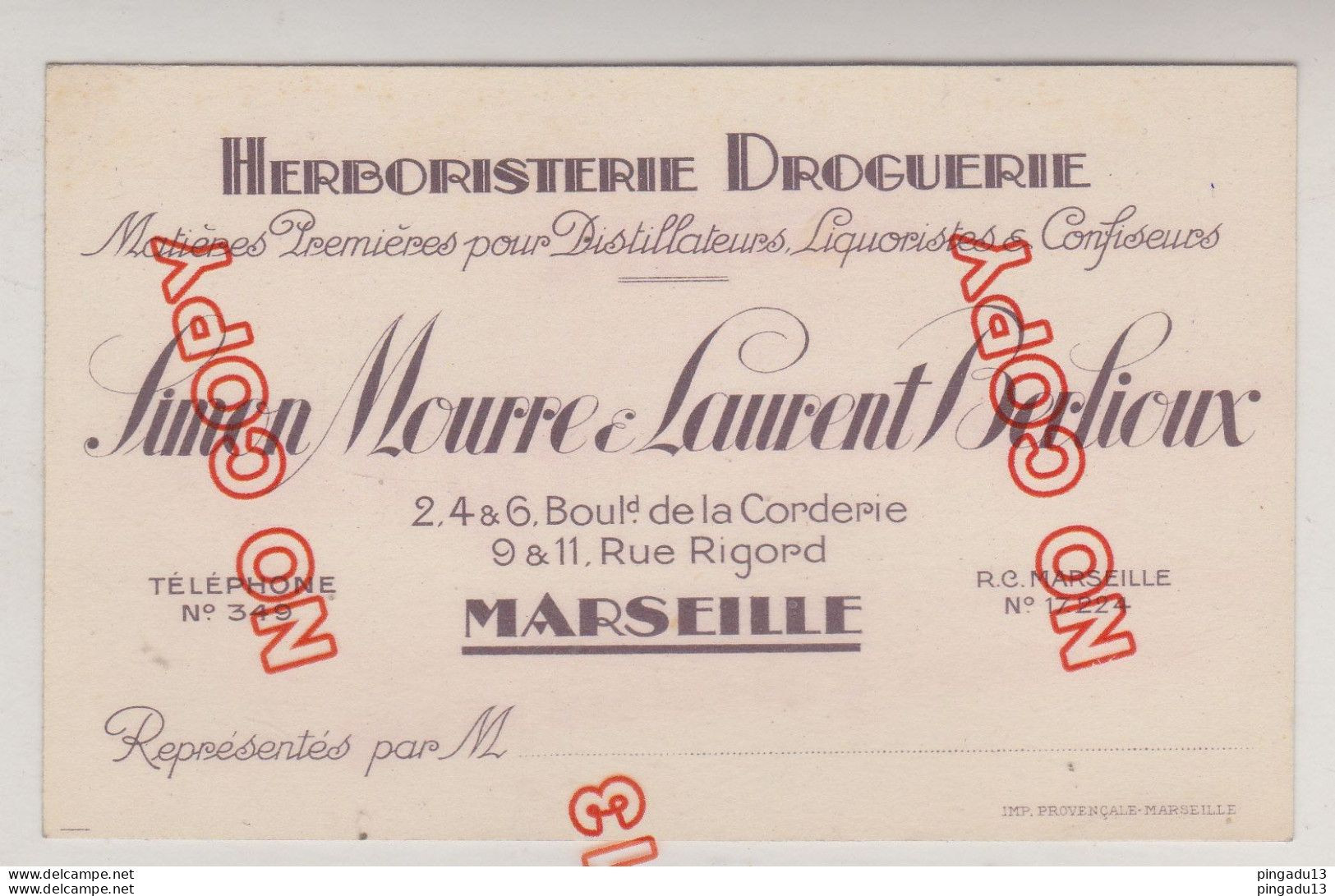 Fixe Carte De Visite Herboristerie Droguerie Mourre Berlioux Marseille Années 30 - Tarjetas De Visita