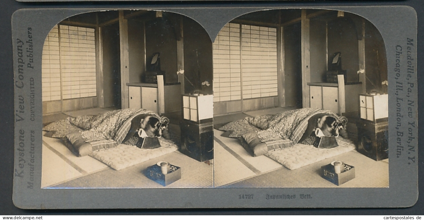 Stereo-Fotografie Keystone View Comp. Meadville / PA., Japanerin In Einem Typischen Japinischen Bett  - Photos Stéréoscopiques