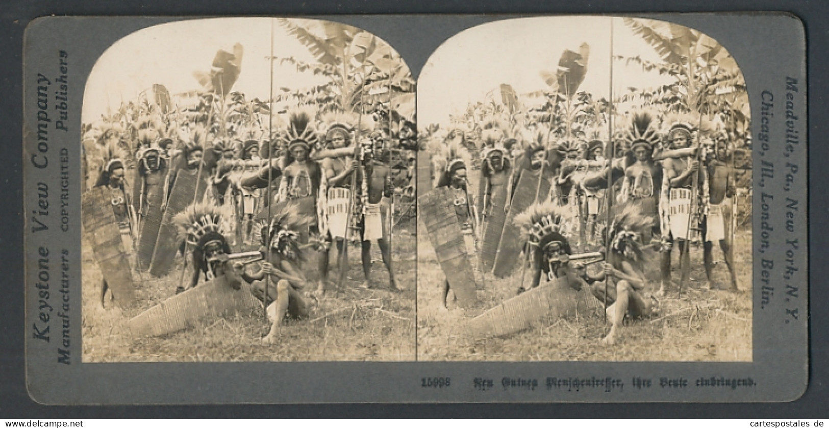 Stereo-Fotografie Keystone View Comp., Meadville / PA., Menschenfresser Aus Neu Guinea Bringen Ihre Beute Ein  - Photos Stéréoscopiques