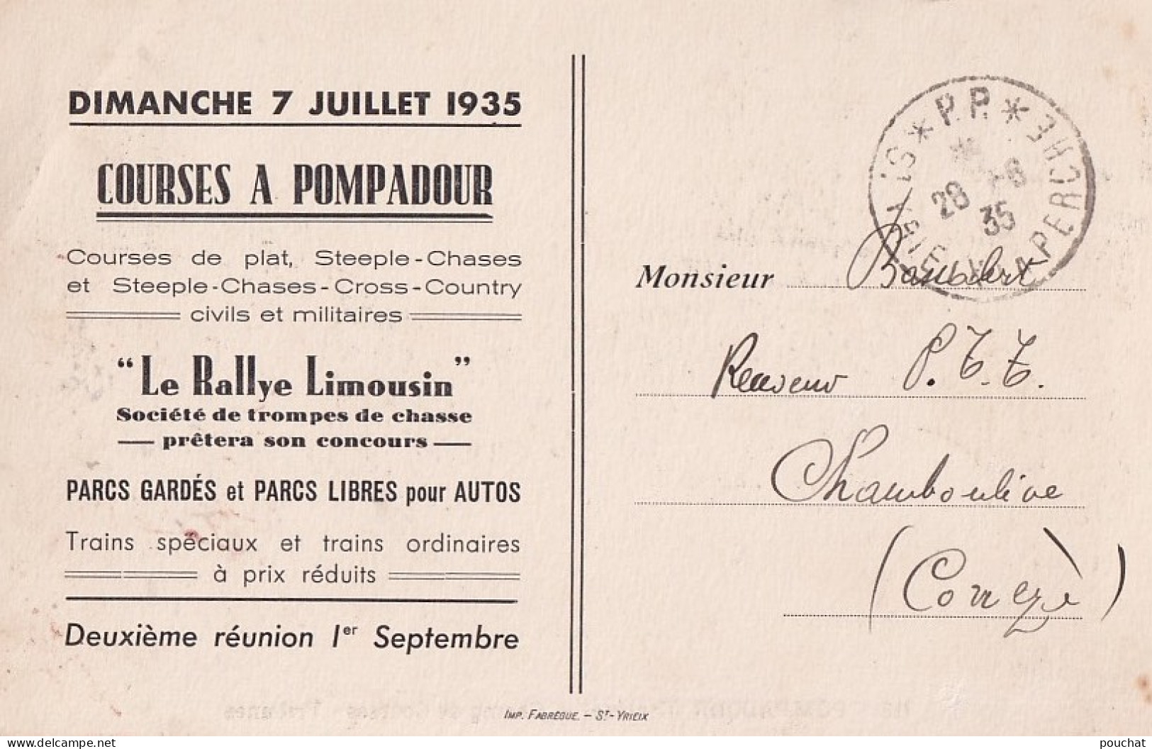 B21-19) POMPADOUR - CHAMP DE COURSES - TRIBUNES + DOS PUB LE RALLYE LIMOUSIN - EN  1935 - ( 2 SCANS ) - Arnac Pompadour