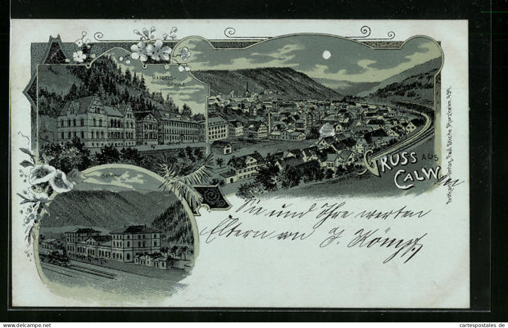 Mondschein-Lithographie Calw, Ortsansicht, Handelsschule, Bahnhof  - Calw