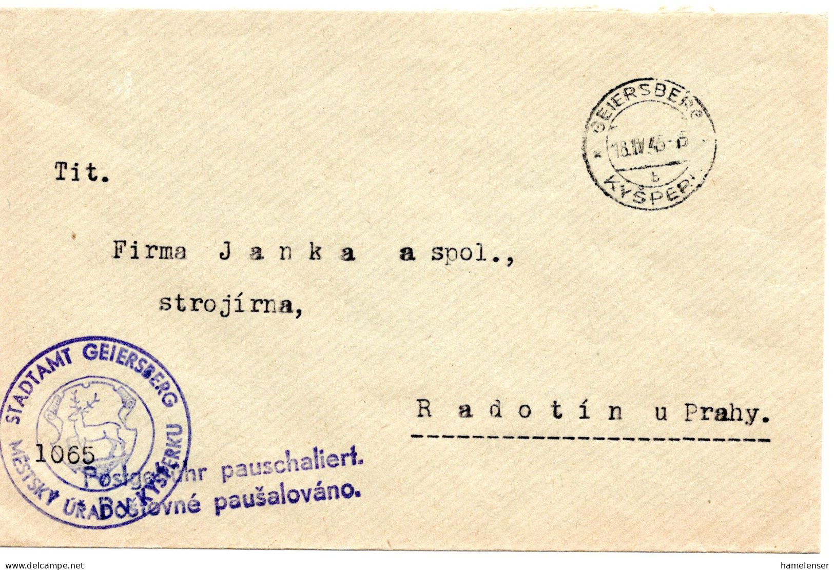 63732 - Deutsches Reich / Böhmen & Mähren - 1945 - Pauschalfrank Bf GEIERSBERG -> Radotin - Storia Postale