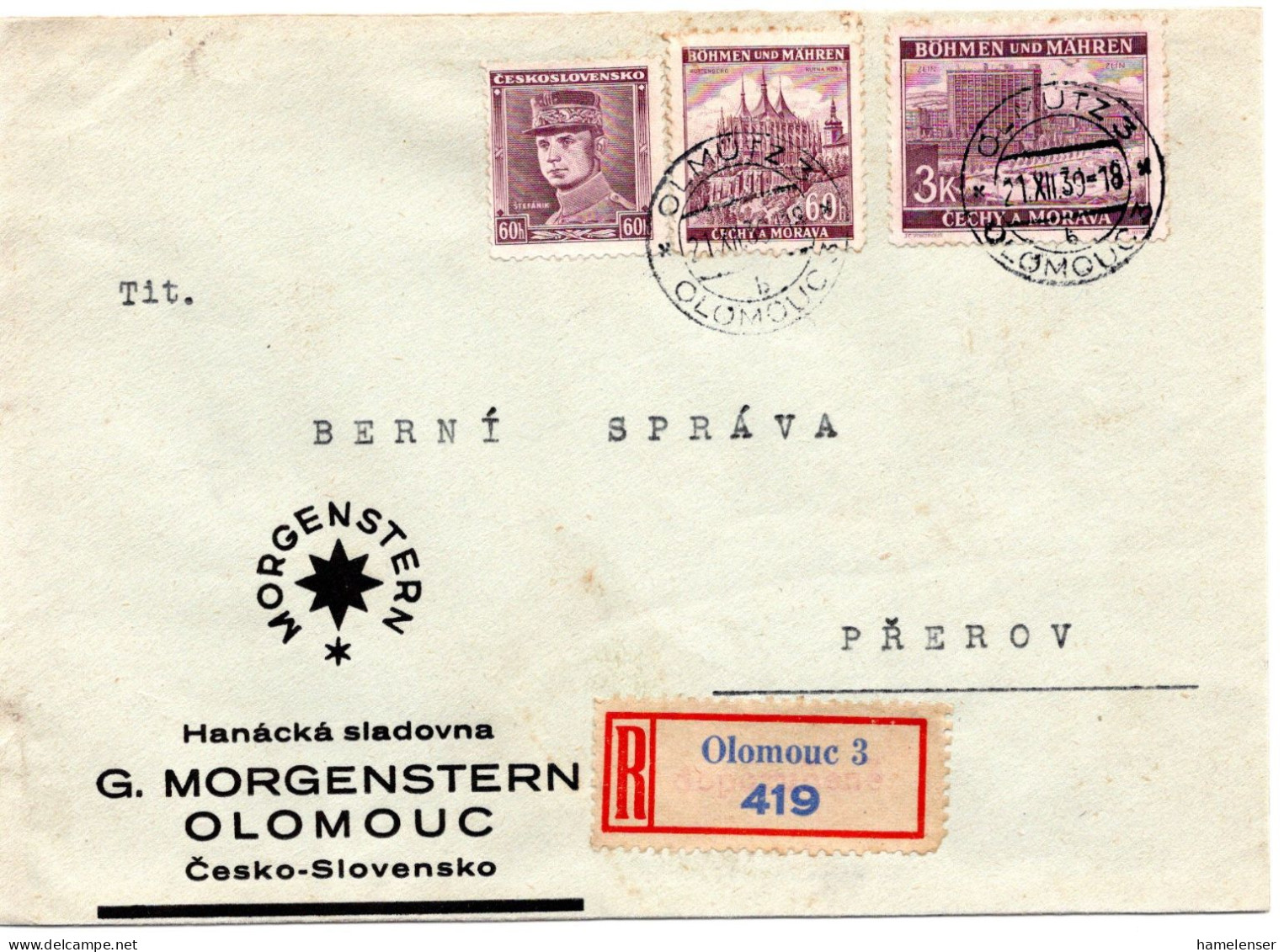 63738 - Deutsches Reich / Böhmen & Mähren - 1939 - 3K Gebaeude MiF A R-Bf OLMUETZ -> PREROV - Storia Postale