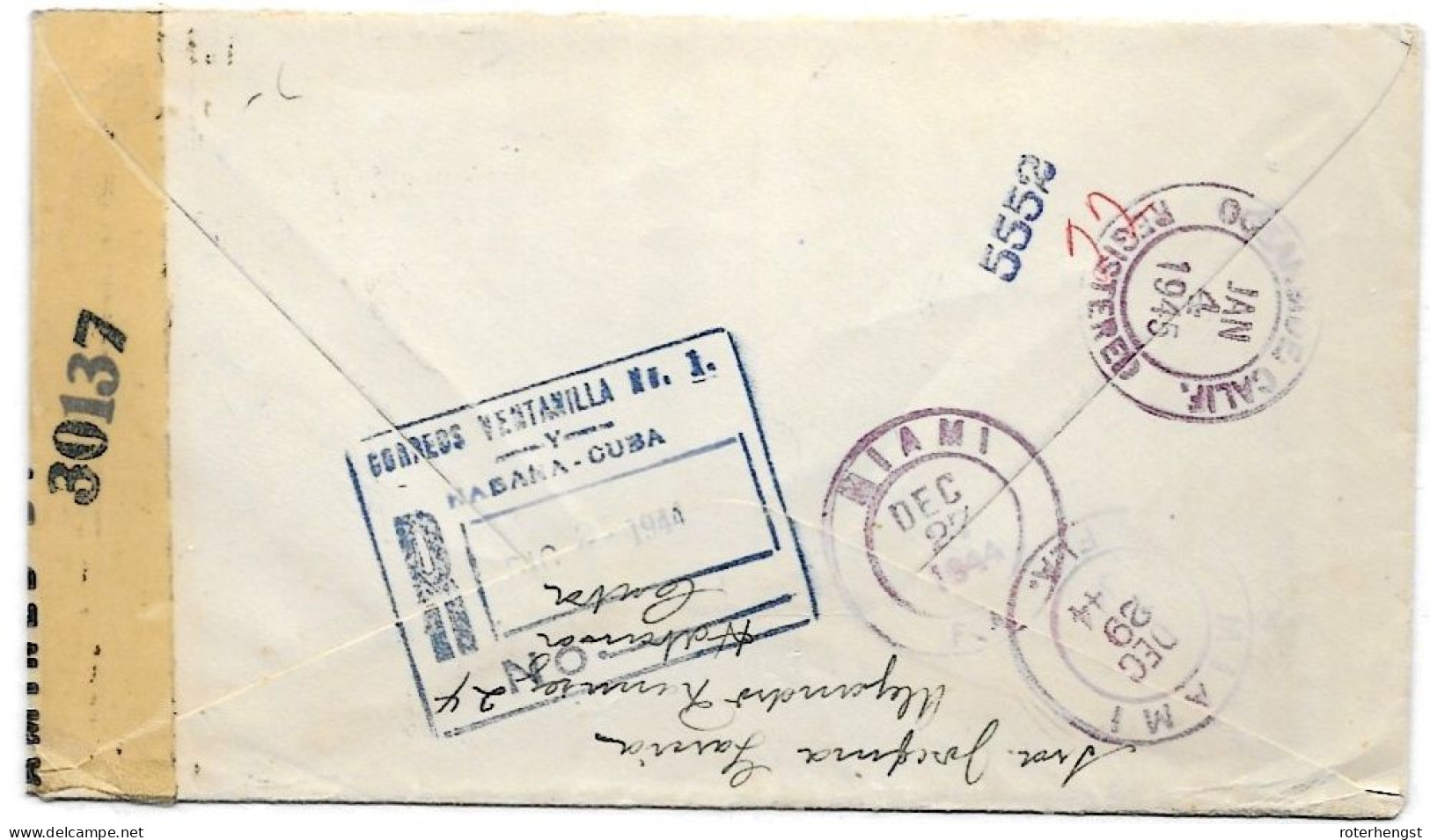 Cuba Letter CENSORED Habana Registration Cancel Certificado 1944 To USA - Storia Postale