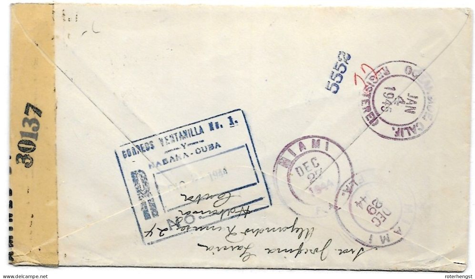 Cuba Letter CENSORED Habana Registration Cancel Certificado 1944 To USA - Briefe U. Dokumente