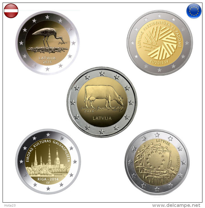 Latvia 2 Euro All Commemorative 5 Coin Set Collection Uncirculated From Roll  UNC COW , STORK AND Etc... - Lettonia