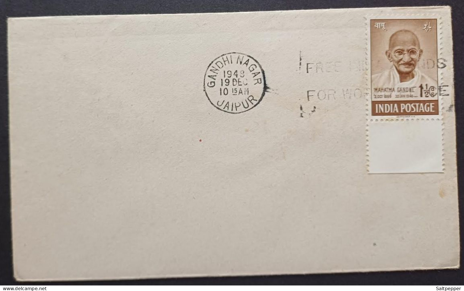 India 1948 Mahatama Gandhi Cover With GANDHINAGAR JAIPUR Cancellation With Slogan " FREE INDIA STANDS FOR WORLD PEACE " - Briefe U. Dokumente