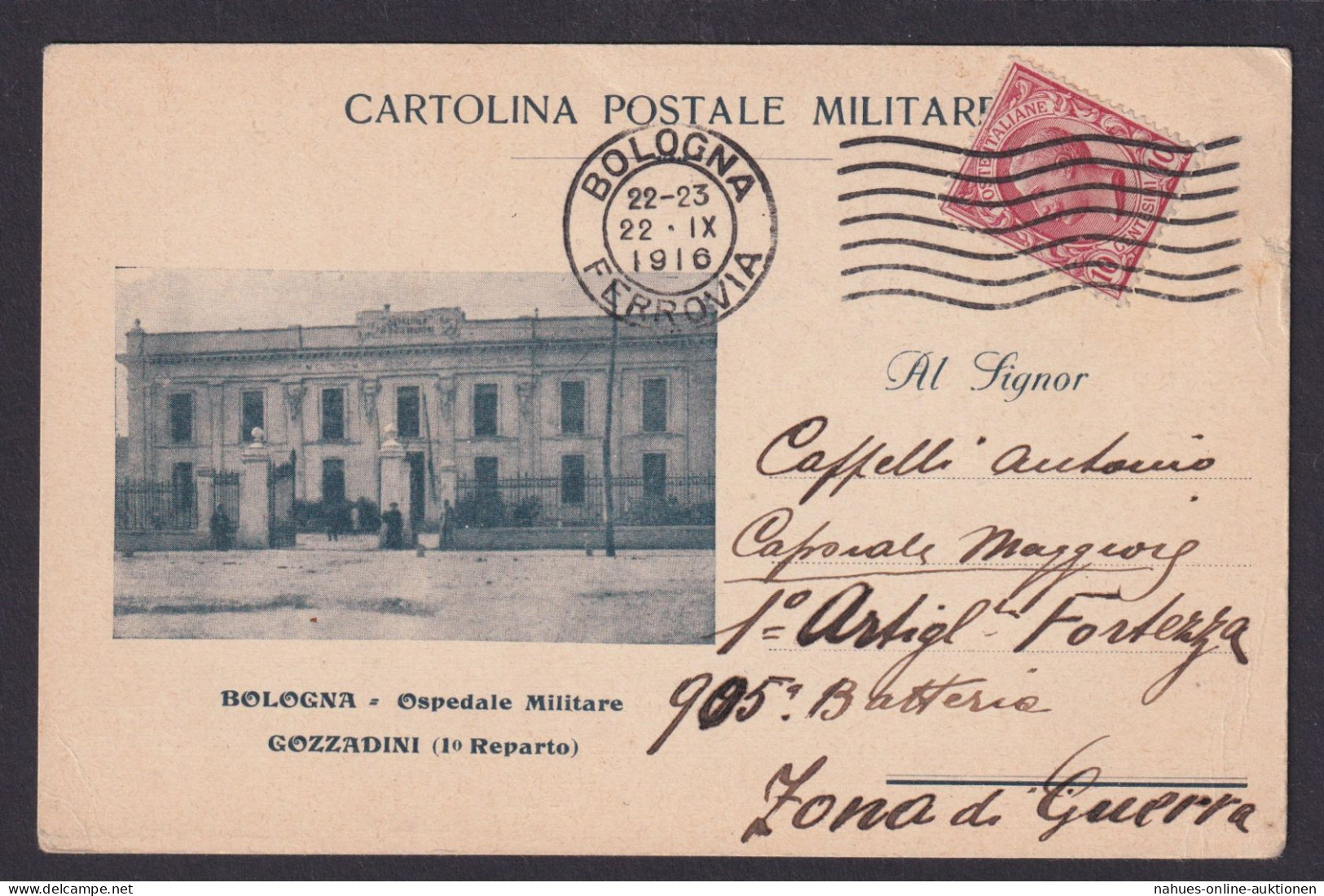 Militaria Italien Bildpostkarte Militärkrankenhaus EF Bologna Ins Kriegsgebiet - Gebraucht