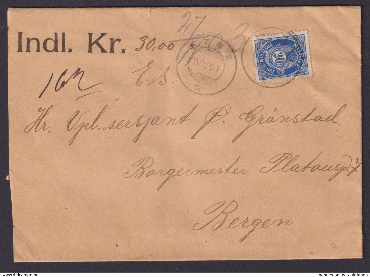 Norwegen Wert Brief EF 20ö Posthorn Etne Bergen Mit 2 Intakte Wachssiegel KM - Storia Postale