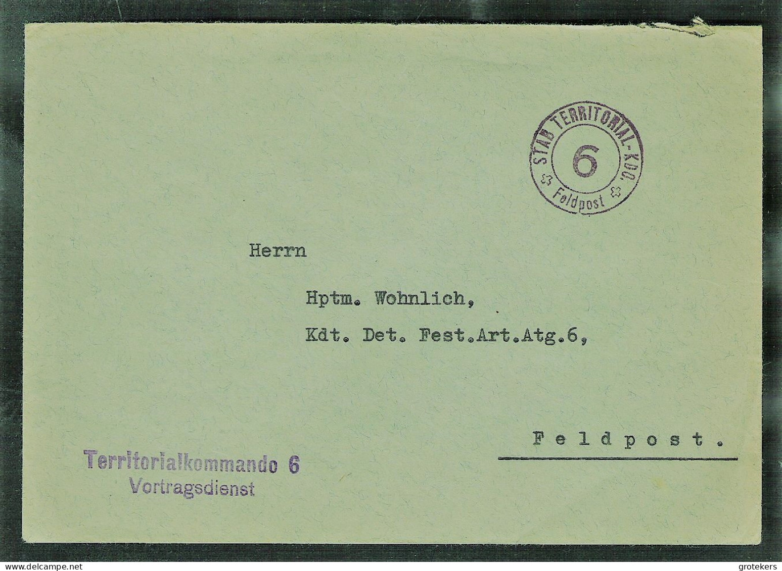 SWITSERLAND FELDPOST WWII Cover With Cancel STAB TERRITORIAL KDO 6 - Annullamenti