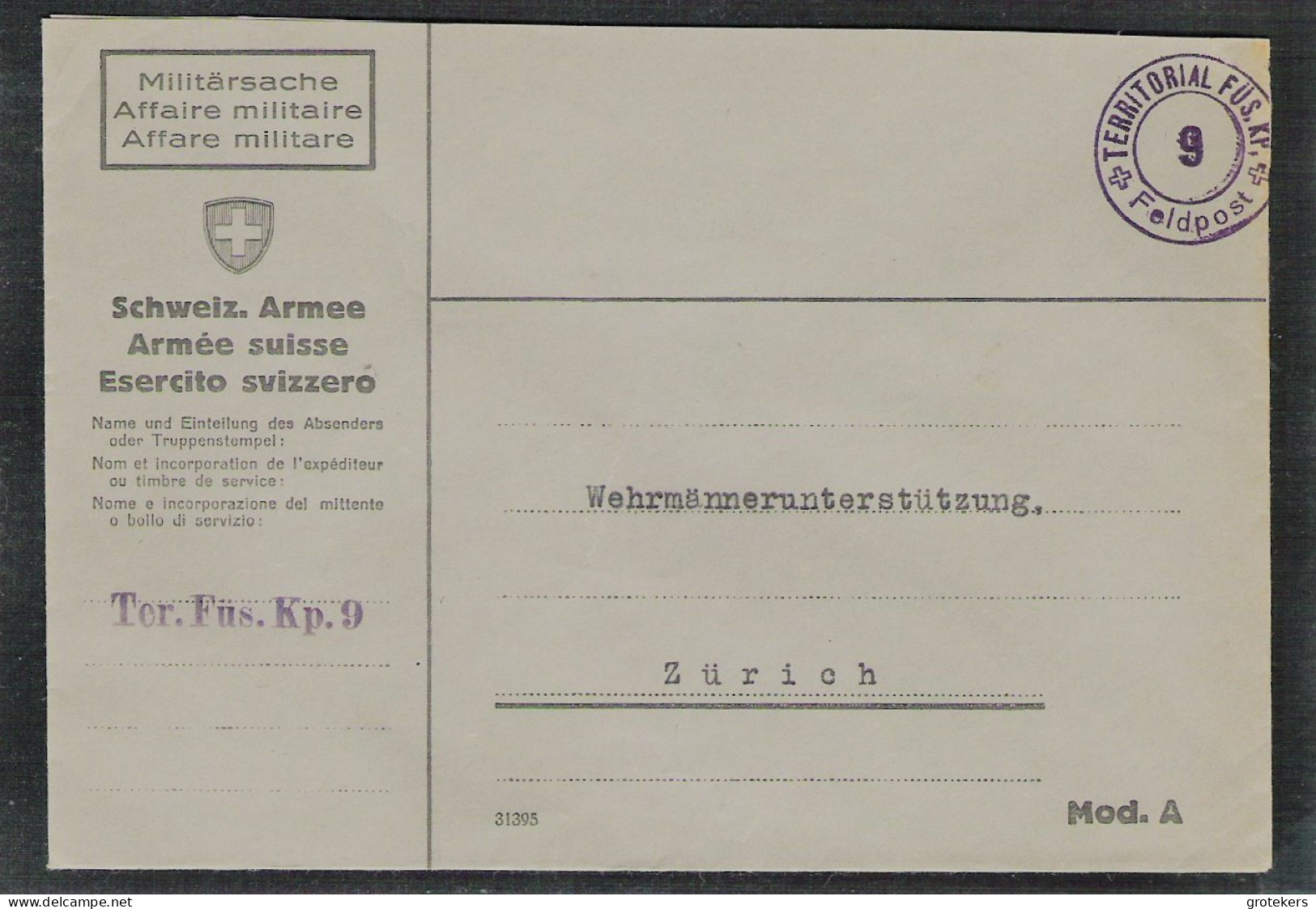 SWITSERLAND FELDPOST WWII Cover With Cancel TERRITORIAL FÜS KP 9 - Annullamenti