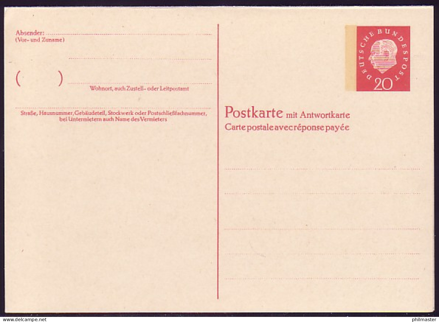 P 47 Heuss II 20/20 Pf, Postkarte Unter Wertstempel, ** - Postales - Nuevos