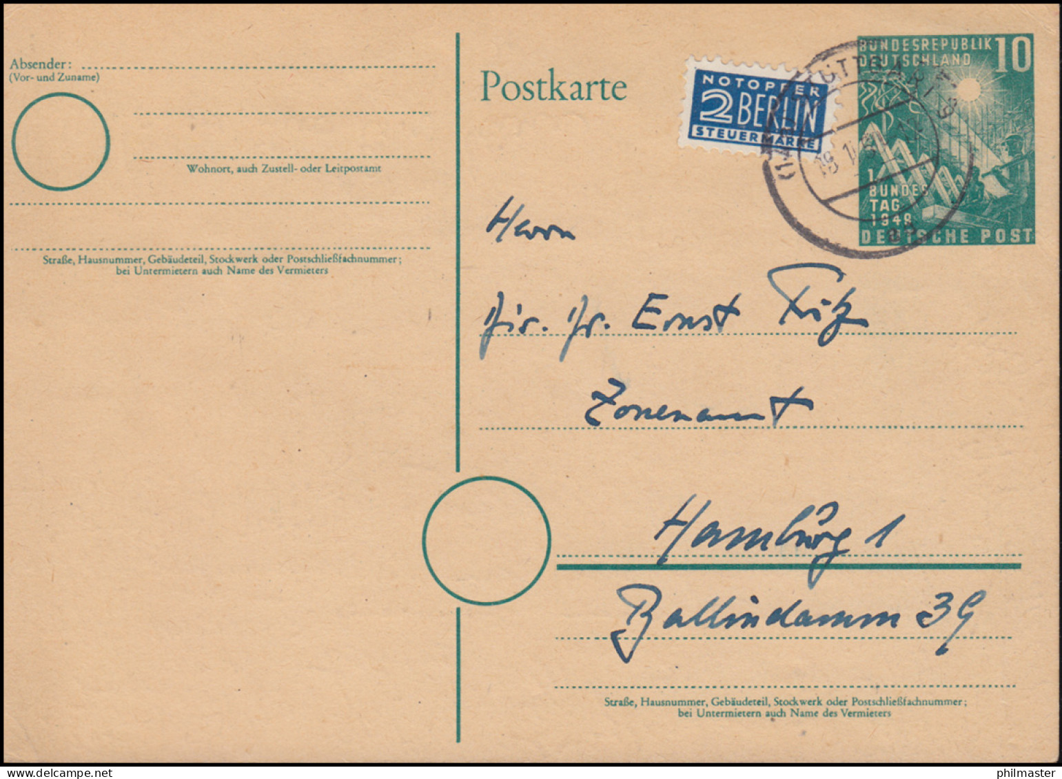 PSo 1 Richtfest Und Bundestag 10 Pf Mit Notopfer STUTTGART 18.1.50 Nach Hamburg - Postcards - Mint