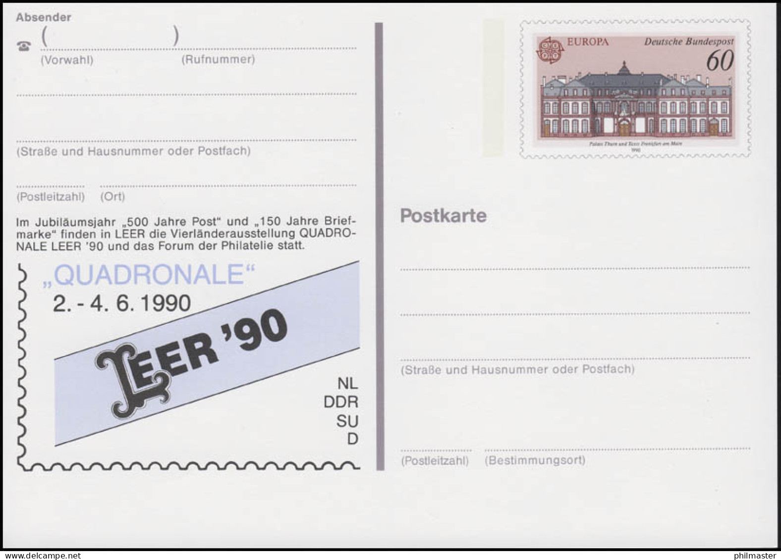 PSo 21 Vierländerausstellung Quadronale LEER 1990, ** - Cartes Postales - Neuves