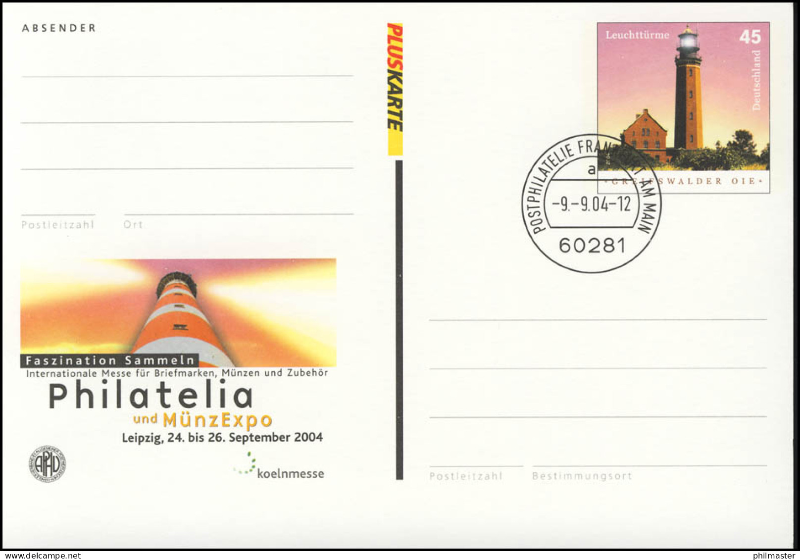 PSo 87 Briefmarkenmesse PHILATELIA Und MünzExpo Leipzig 2004, VS-O Frankfurt - Cartes Postales - Neuves