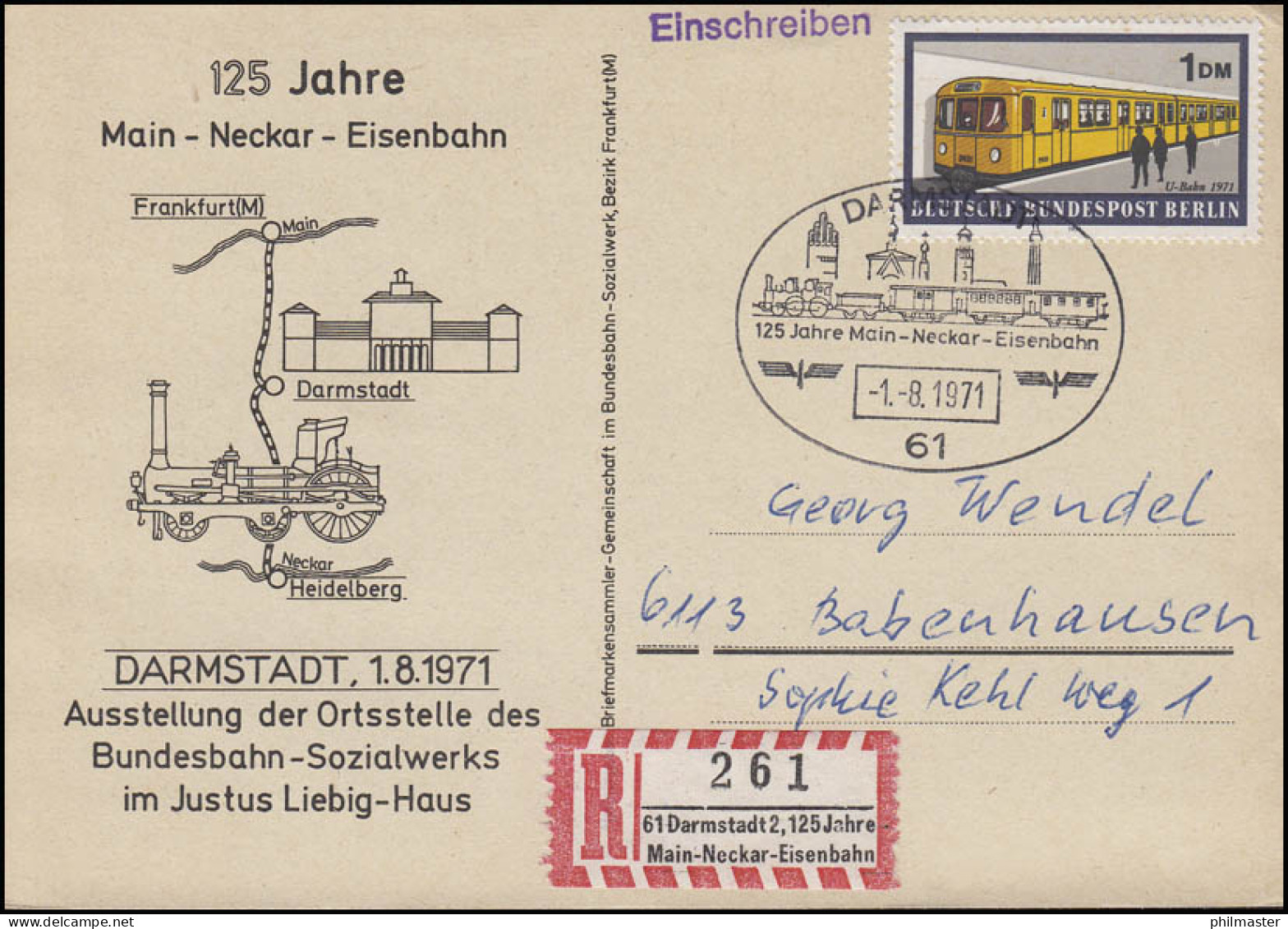 Sonder-R-Zettel 125 Jahre Main-Neckar-Eisenbahn Sonder-R-PK SSt Darmstadt 1.8.71 - Etiquettes 'Recommandé' & 'Valeur Déclarée'