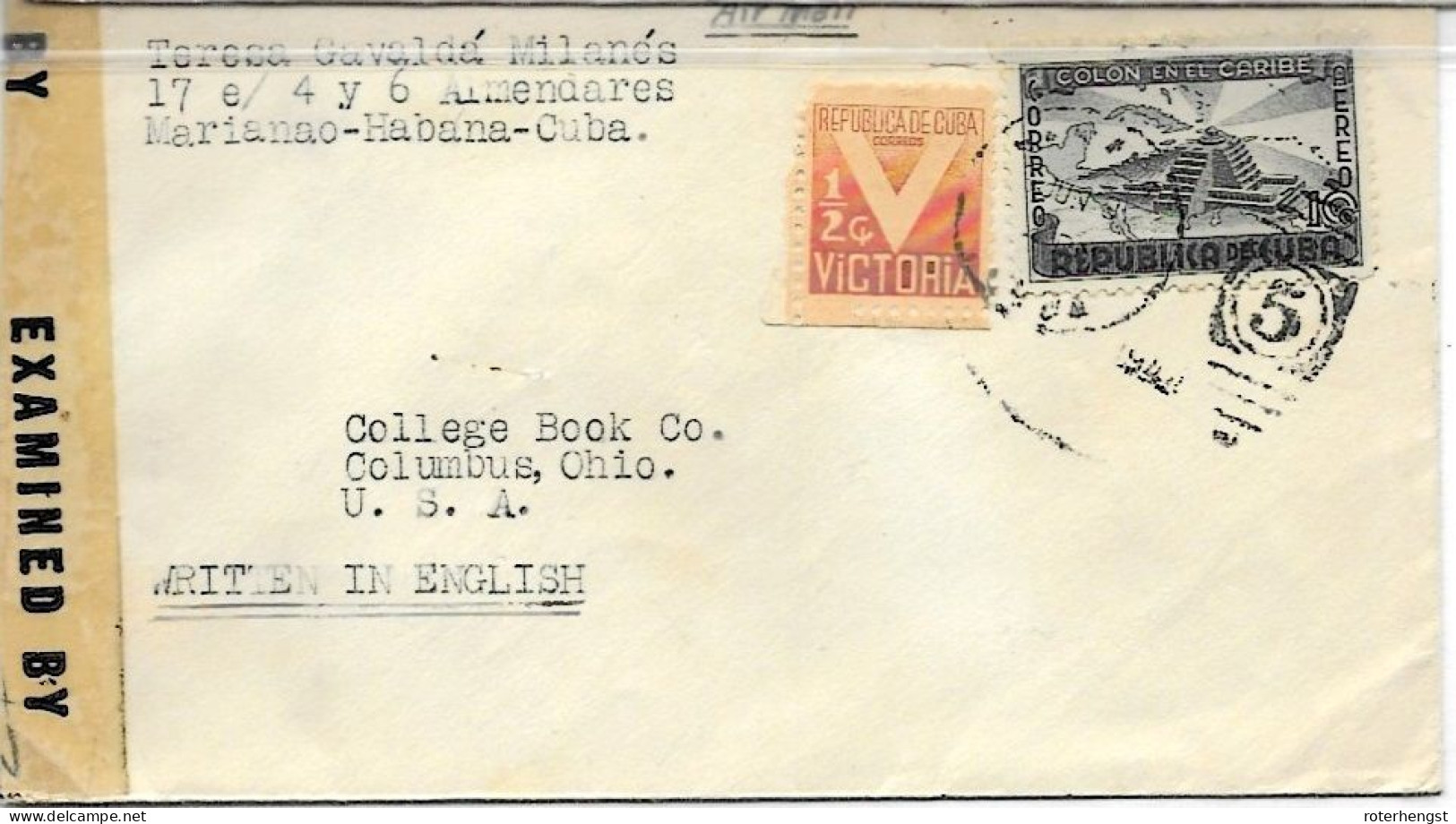 Cuba Letter CENSORED Marianao To USA 1944 Better Columbus Mausoleum Stamp - Brieven En Documenten
