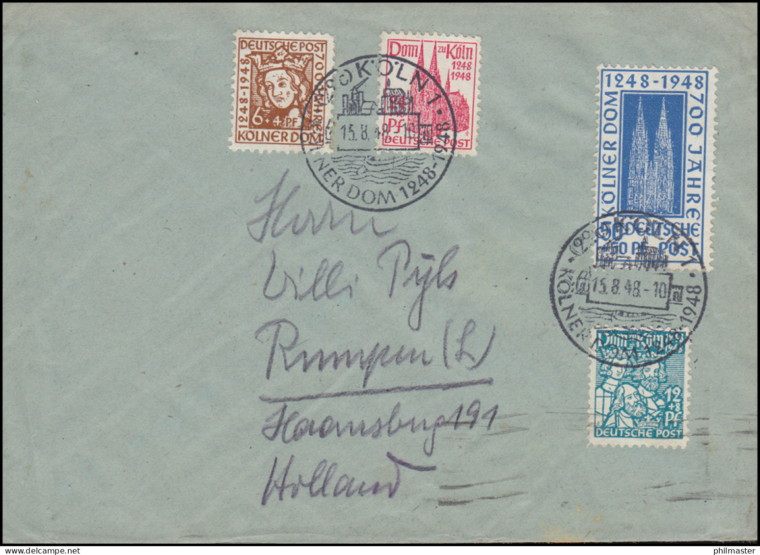 69-72 Kölner Dom 1948 Als Satz-FDC Mit Passendem SSt KÖLN 15.8.48 Nach Holland - R- & V- Labels