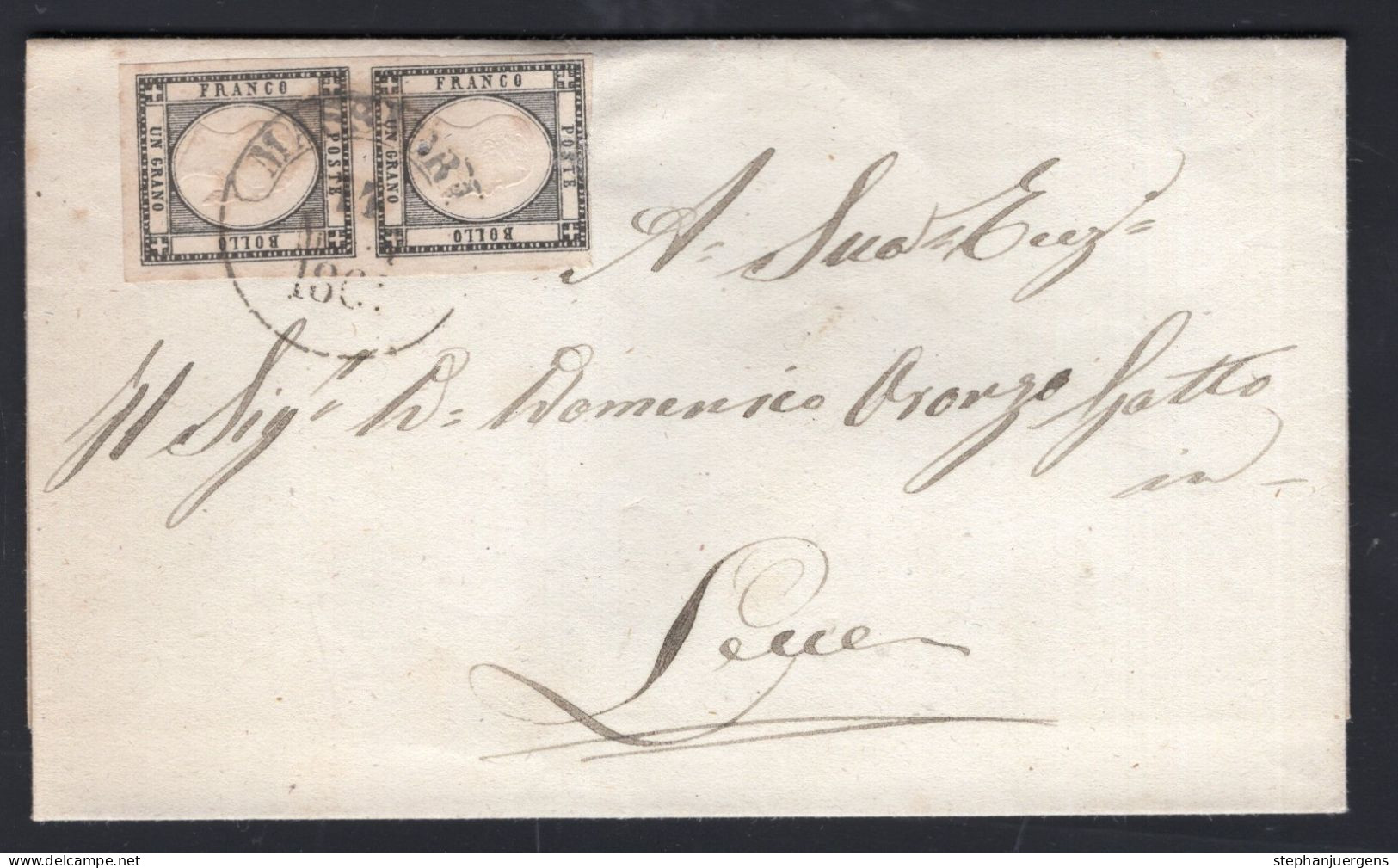 1861, 1 Gr, Vertical Pair, Fair Cut, On Folded Cover From MASSAFRA For Lecce - Napels