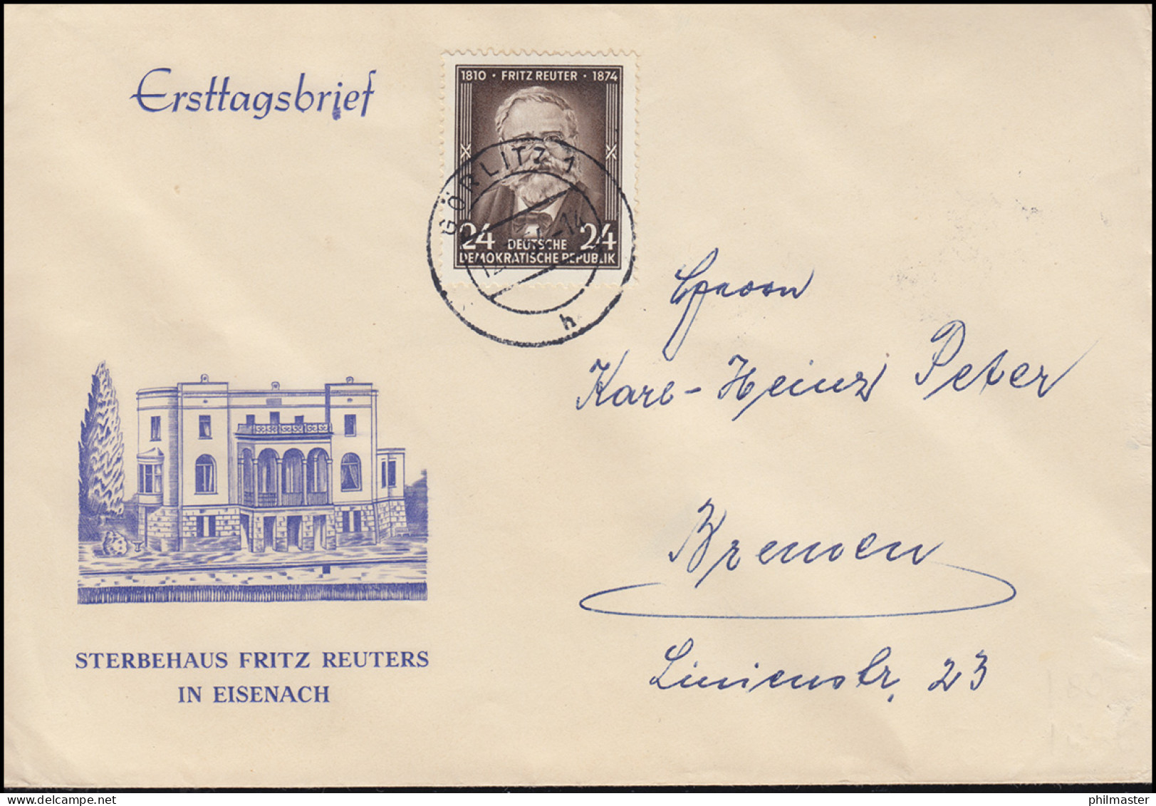 430 Fritz Reuter EF Auf Schmuck-FDC Ersttagsstempel GÖRLITZ 12.7.54 Nach Bremen - Schrijvers