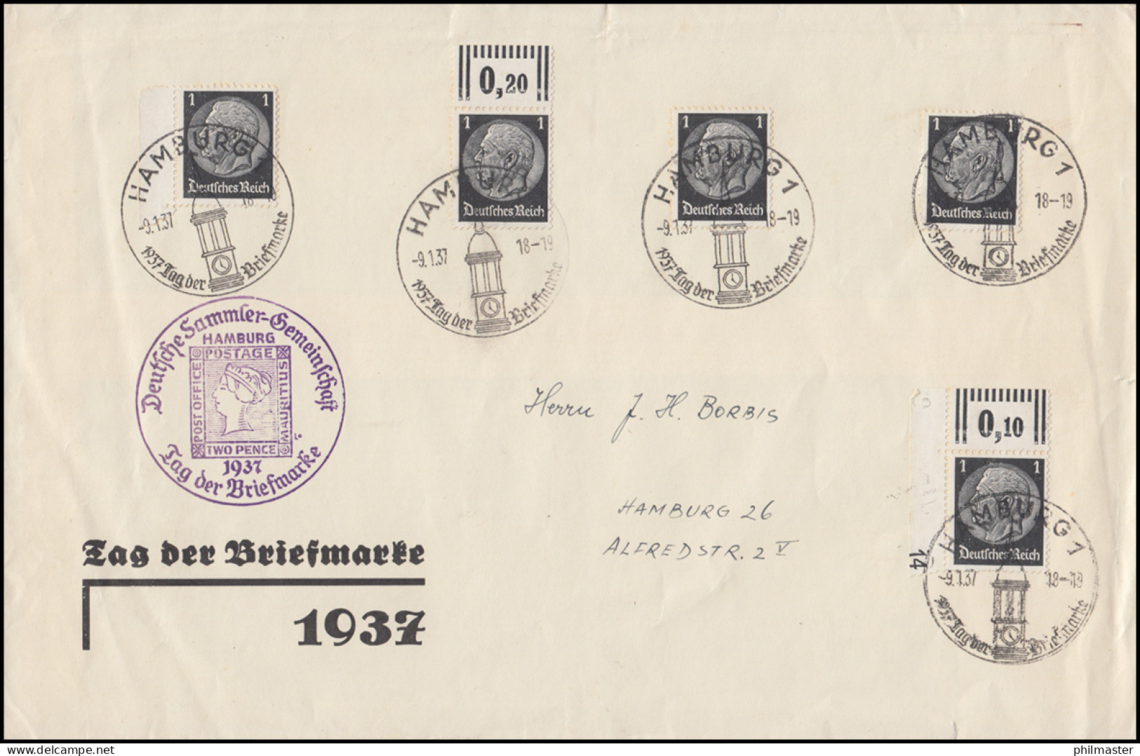 Sonderstempel HAMBURG Tag Der Briefmarke 9.1.1937 Auf Fünf Marken 512 Auf Brief - Stamp's Day