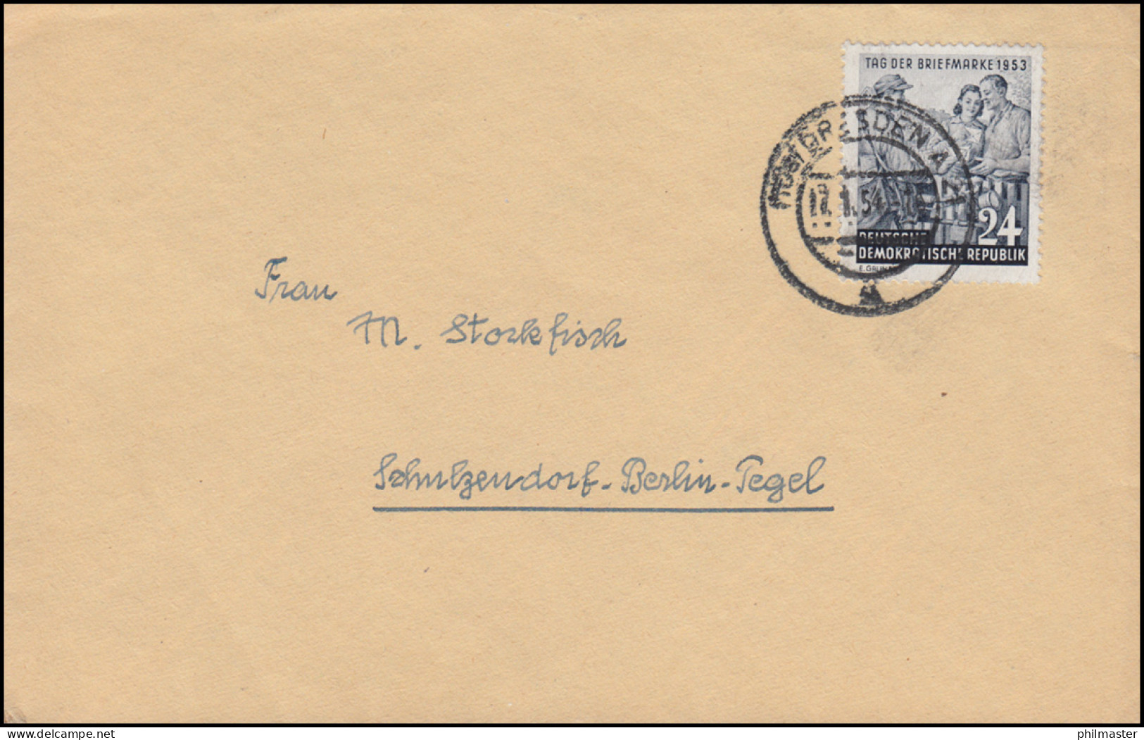 396 Tag Der Briefmarke 1953 Als EF Auf Brief DRESDEN 17.1.1954 Nach Berlin-Tegel - Giornata Del Francobollo