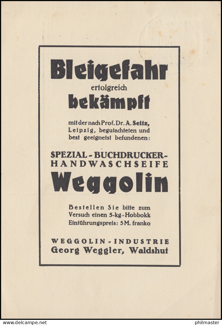 Firma Weggolin: Buchbinder-Handwaschseife Gegen Bleigefahr, WALDSHUT 27.11.28 - Medizin