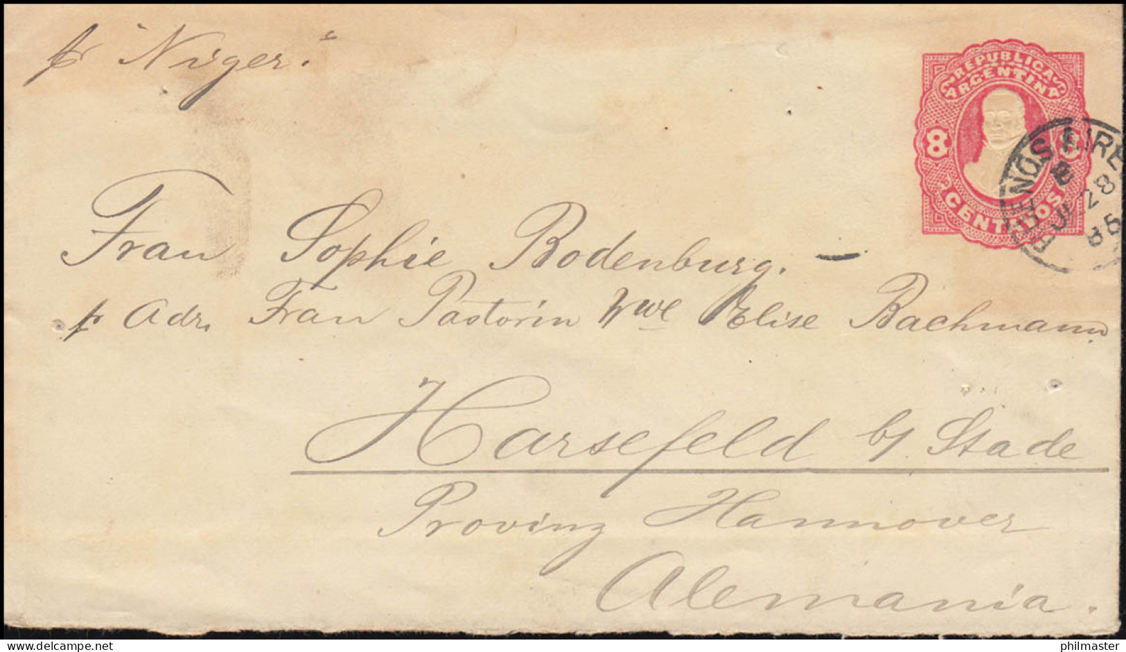 Argentinien Umschlag 8 Cent. Rot, BUENOS AIRES 28.7.1885 Nach HARSEFELD 24.8.85 - Autres & Non Classés