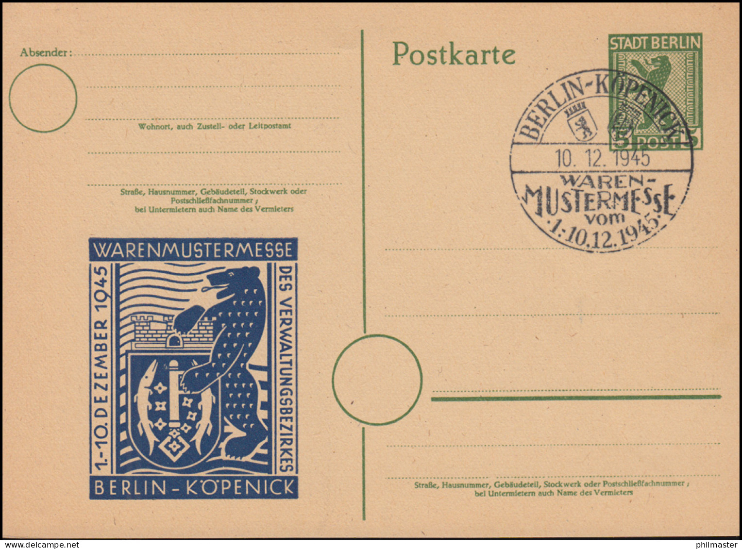 Postkarte P 1 Berliner Bär SSt BERLIN-KÖPENICK Warenmustermesse 10.12.1945 - Gebraucht