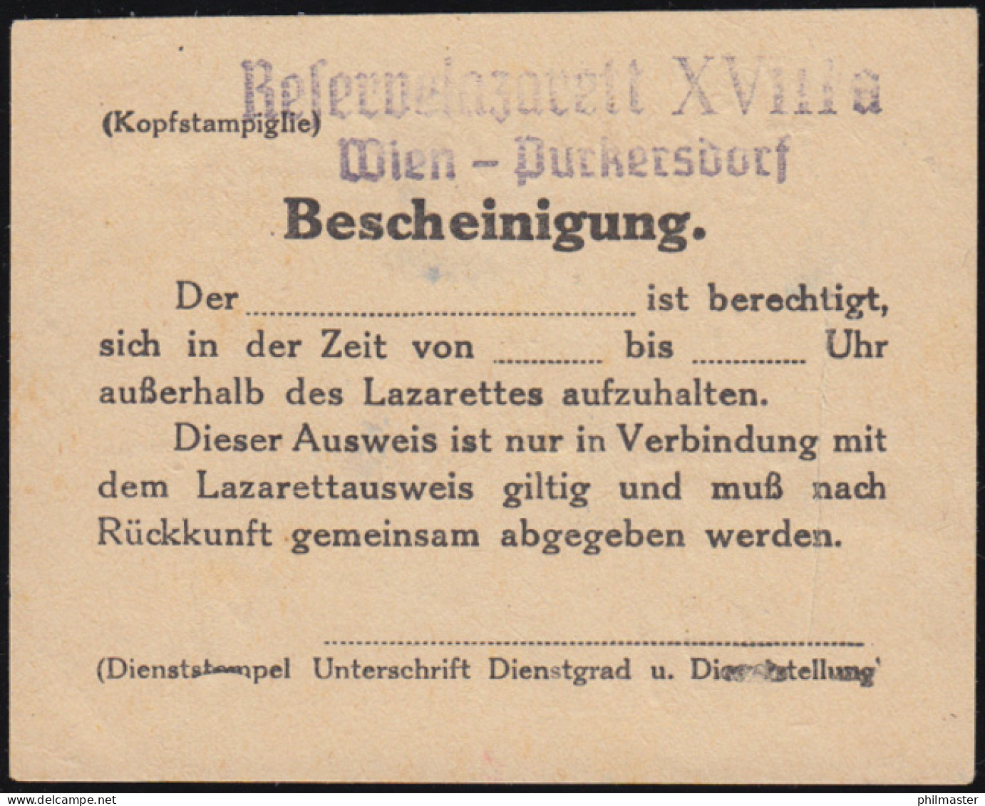 Bescheinigung Reservelazarett XVIIIa Wien-Purkersdorf Zum Verlasses Des Lazerett - Ziekte