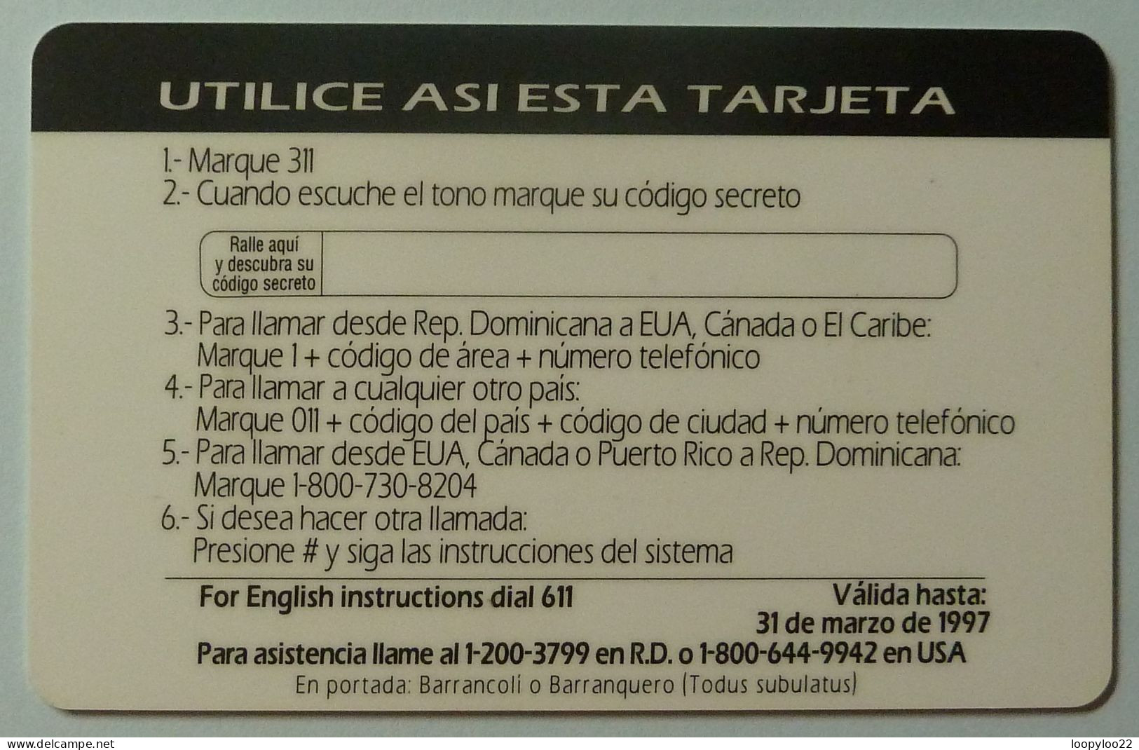 DOMINICAN REPUBLIC / DOMINICANA - Codetel - Remote Memory - Comuni Card - 1997 - $145 - Specimen - Bird - Dominik. Republik