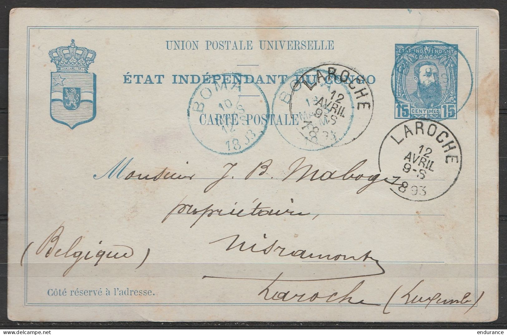 EP CP Etat Indépendant Du Congo 15c Bleu Càd Bleu "BOMA /9 MARS 1893" (+ 10 Mars + 18 Mars) Pour LAROCHE (en Ardenne) -  - Ganzsachen