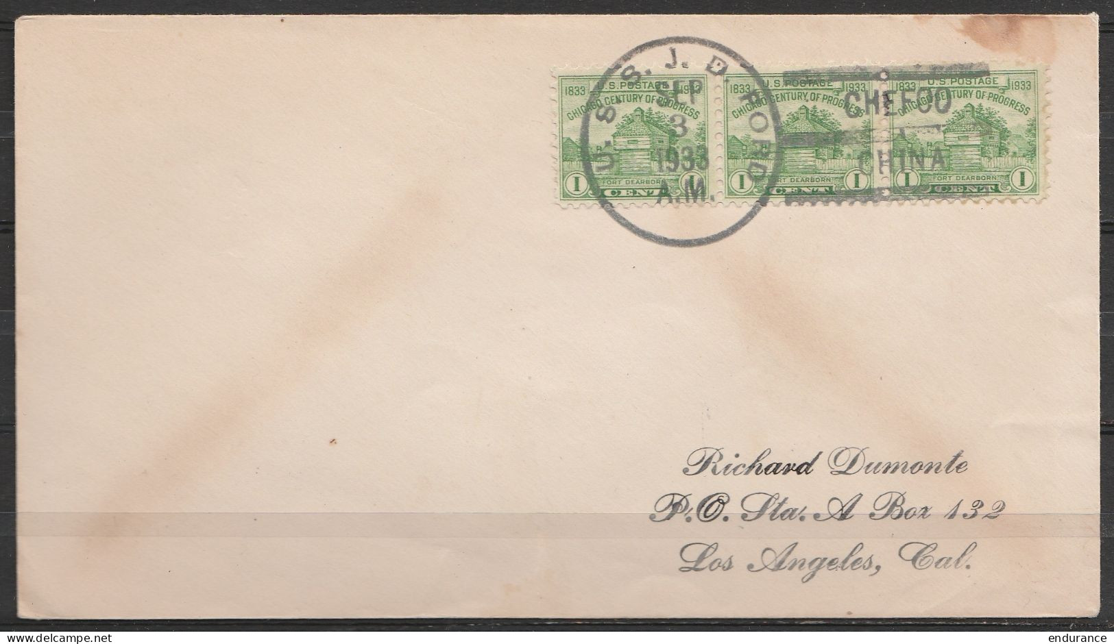 USA - L. Affr. 3c Càd Bateau "U.S.S.J.D. FORD / SEP 3 / 1933 / CHEFOO - CHINA Pour LOS ANGELES - Postal History