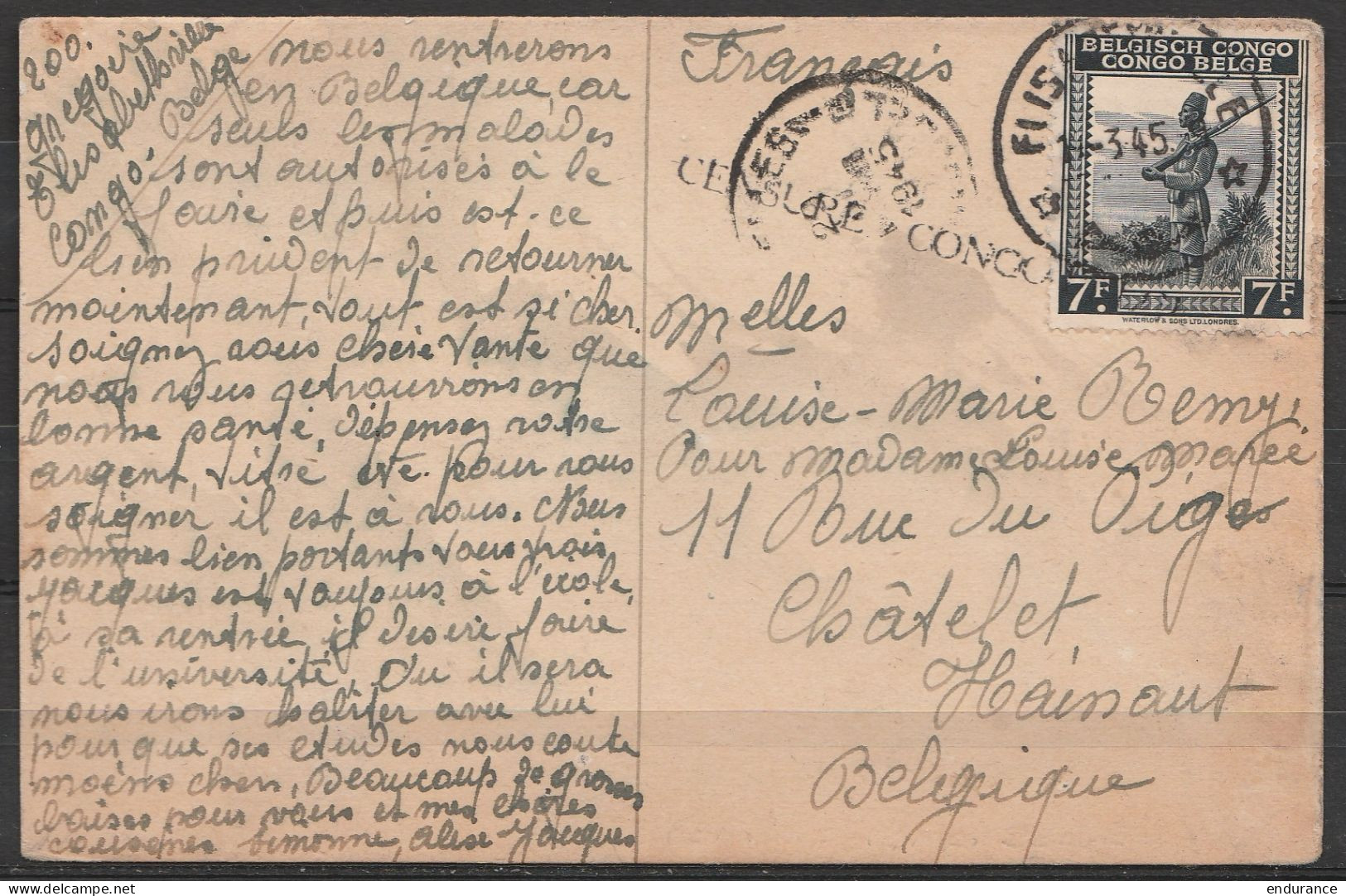 CP Affr. N°265 Càd ELISABETHVILLE /13-3-1945 Pour CHATELET - Cachet "CENSURE CONGO" - Covers & Documents