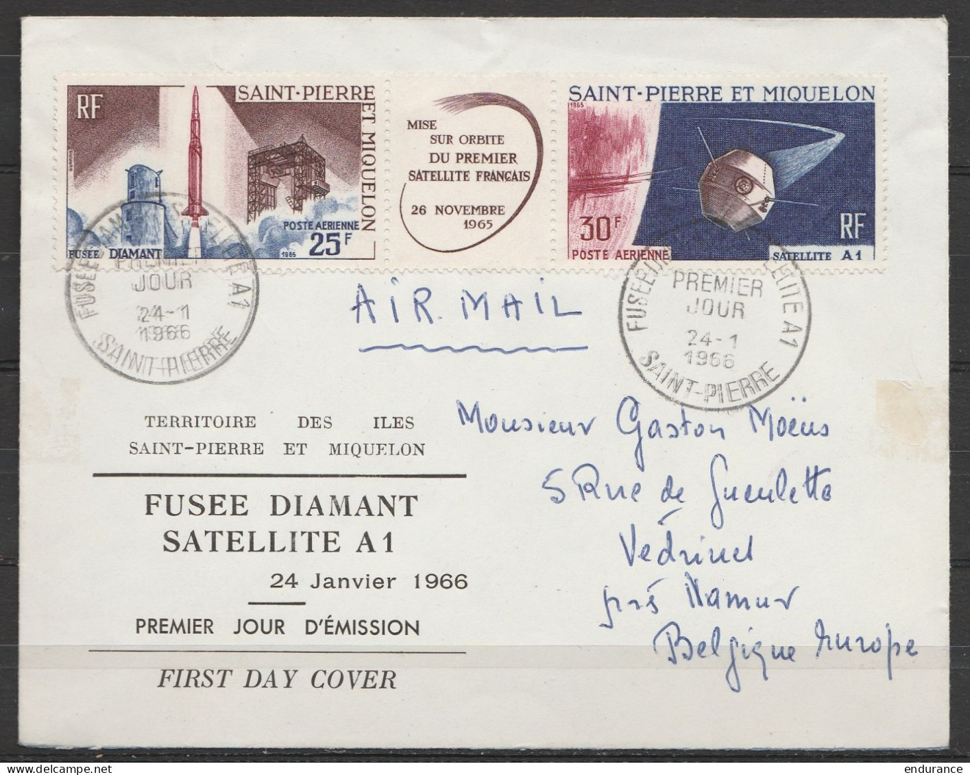 SPM - PA34a Lancement 1e Satellite Français /FDC Càd "FUSEE DIAMANT - SATELLITE D1 /24-1-1966/ SAINT-PIERRE" Pour VEDRIN - Covers & Documents