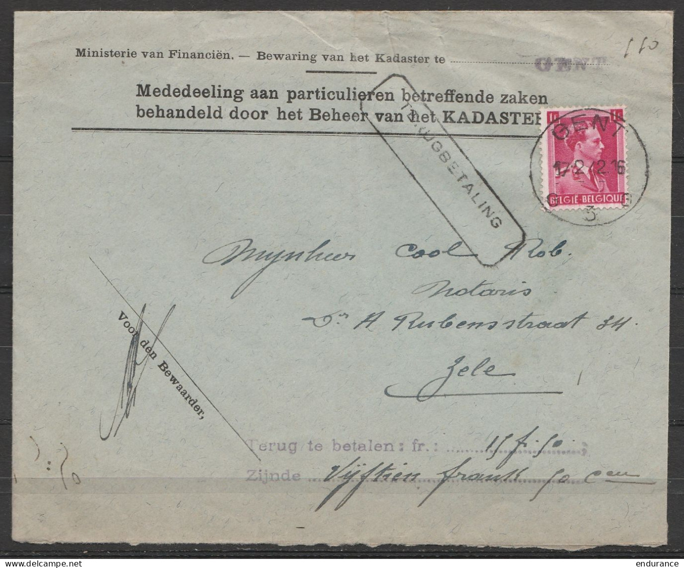 L. Entête "Ministerie Van Financiën … Beheer Van Het Kadaster" Affr. N°528 Càd GENT G3/17-2-1942 Pour Notaire à ZELE - G - 1936-1957 Collar Abierto