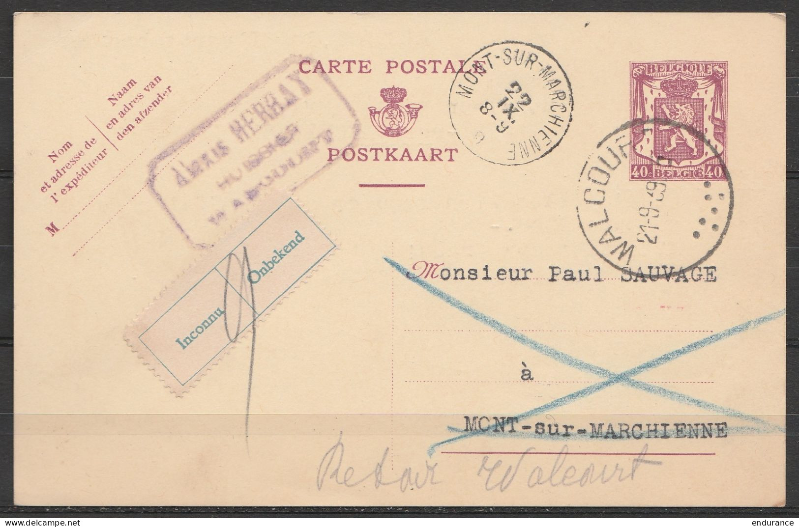 EP Petit Sceau 40c Lilas Càd WALCOURT /21-9-1939 Pour MONT-sur-MARCHIENNE - étiq. "Inconnu" - Retour à Walcourt - Cartes Postales 1934-1951