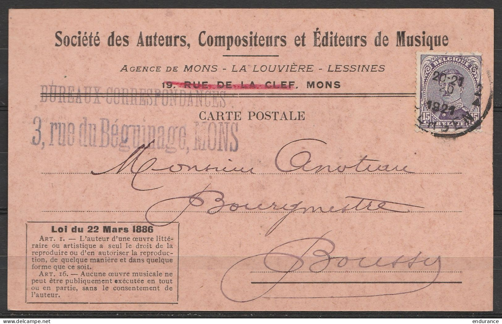 CP "Société Des Auteurs, Compositeurs Et Editeurs De Musique" Affr. N°139 Càd MONS /20 VIII 1921 Pour Bourgmestre De BOU - 1915-1920 Albert I