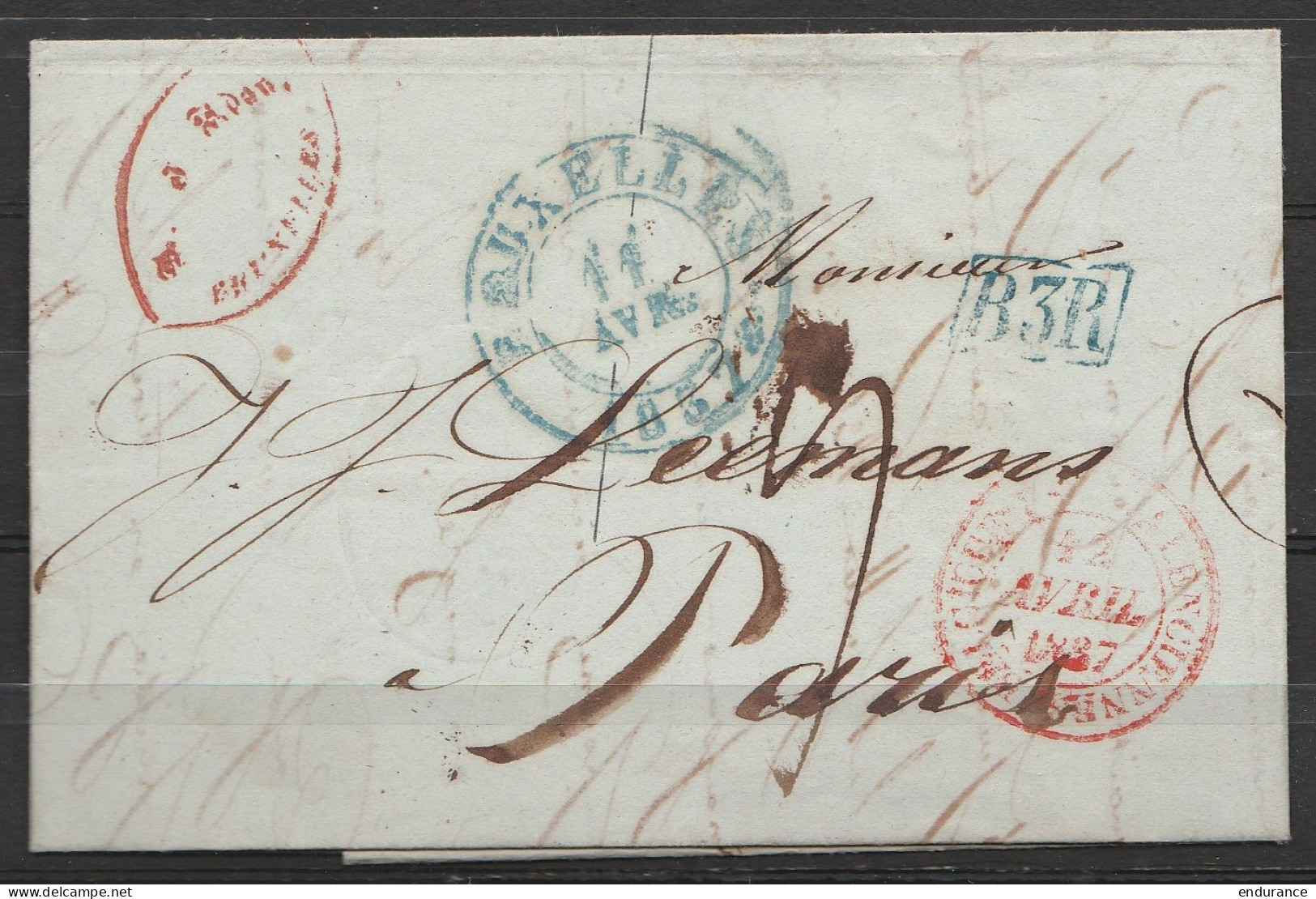 L. Datée Càd BRUXELLES /11 AVRIL 1837 Pour PARIS - [B.3.R.] Bleu + Marque D'entrée "BELGIQUE Par VALENCIENNES /12 AVRIL  - 1830-1849 (Unabhängiges Belgien)