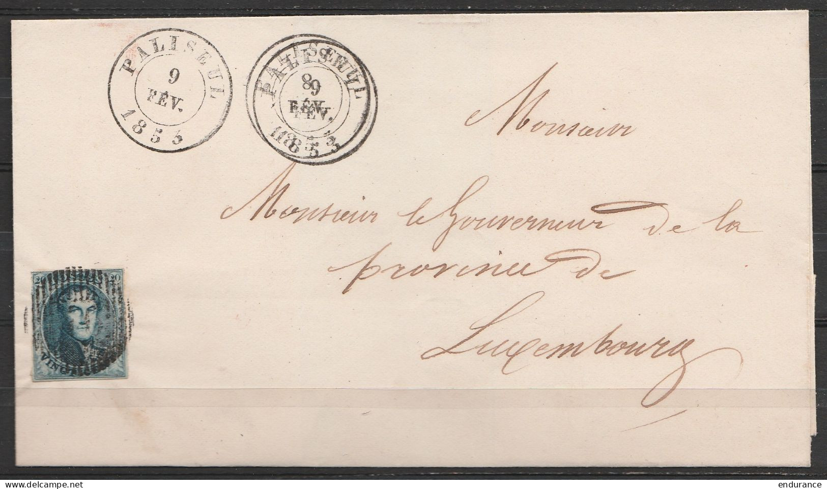 LSC Affr. N°7 D46 Càd PALISEUL /8 FEV 1853 Nouvelle Frappe PALISEUL /9 FEV 1853 (double Date) Pour Gouverneur De La Prov - 1851-1857 Medaglioni (6/8)