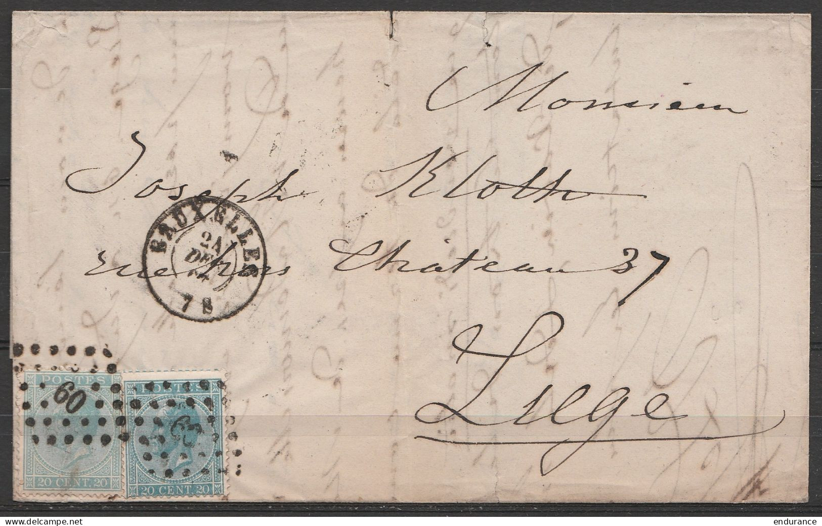 L. Affr. N°18 X2 (2 Nuances Différentes - Rare !) Lpts 60 Càd BRUXELLES /24 DEC 1867 Pour LIEGE (au Dos: Càd LIEGE /25 O - 1865-1866 Profile Left